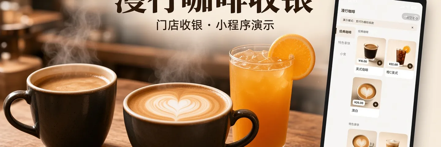 漫行咖啡收银封面，咖啡饮品与手机收银界面，标题漫行咖啡收银