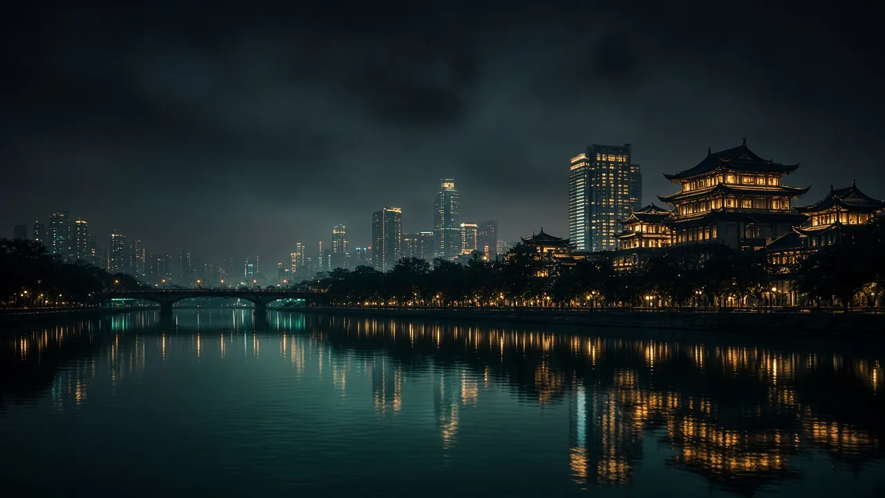 芜湖江岸夜色，沿河建筑的灯光倒映在江面